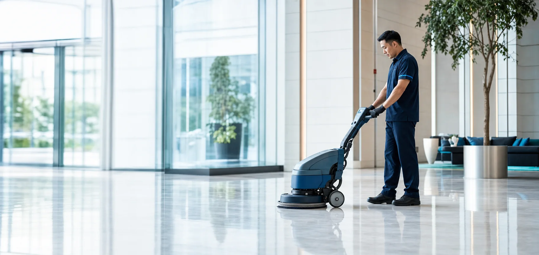 Facility technician operating a floor scrubber in a bright modern lobby
