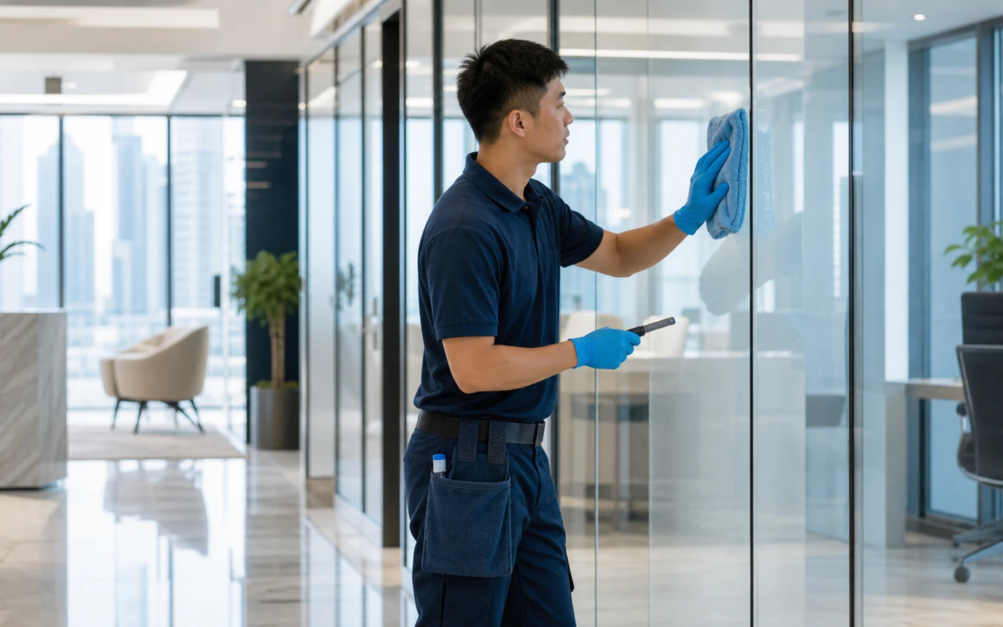 Professional cleaner wiping a glass partition in a modern office