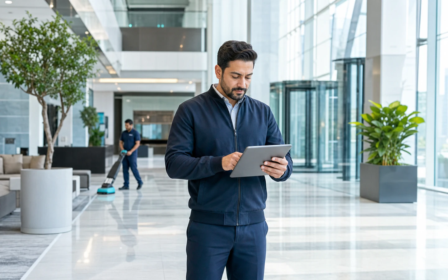 Facility manager reviewing a tablet in a modern building lobby