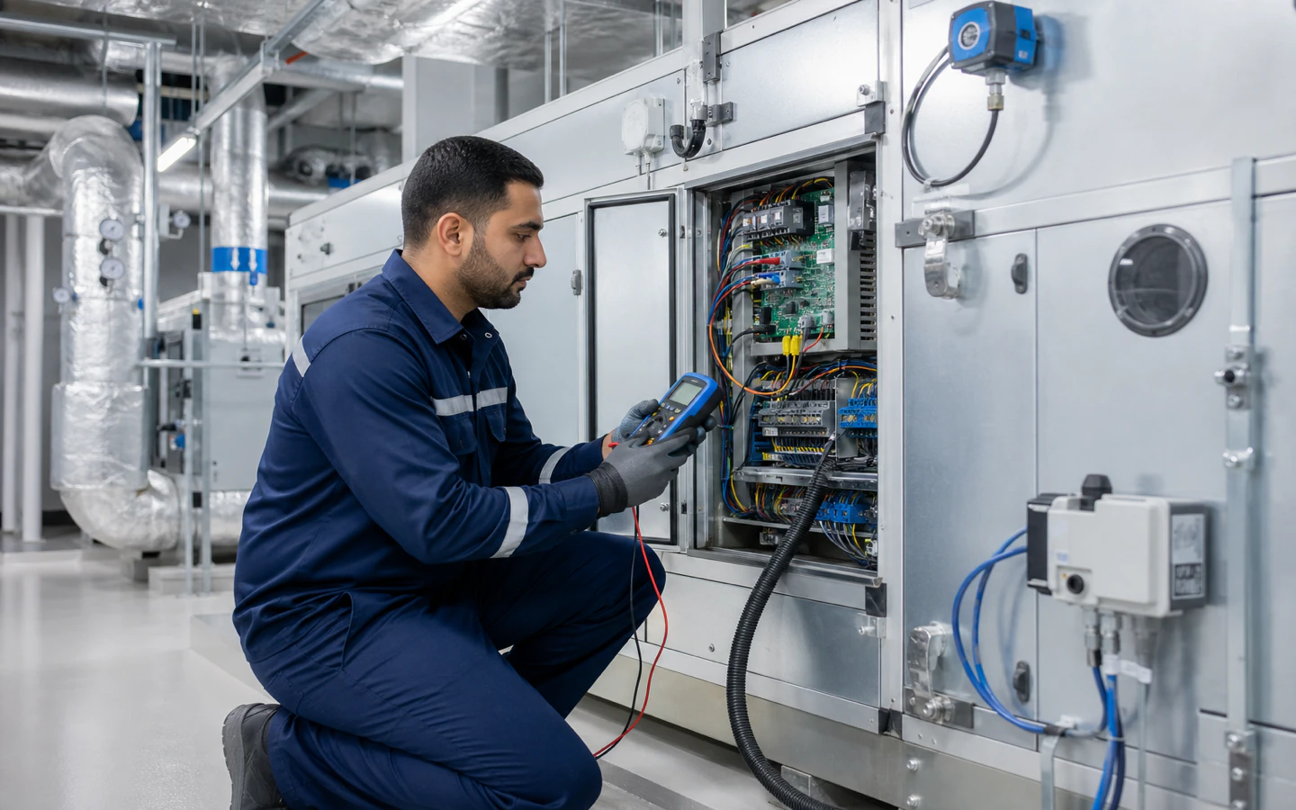 HVAC technician checking an air-handling control panel