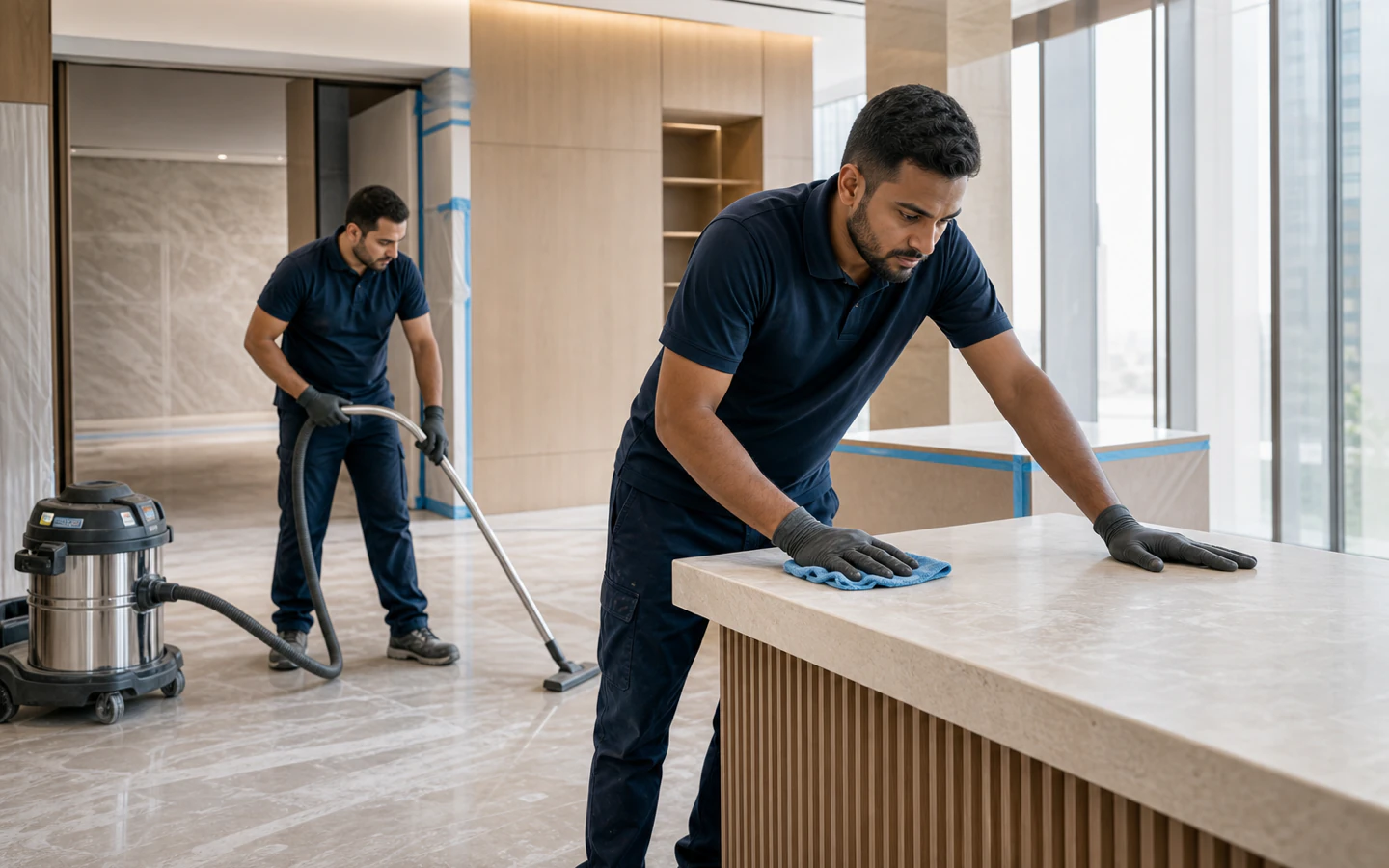 Cleaning team removing fine dust from a newly finished commercial interior